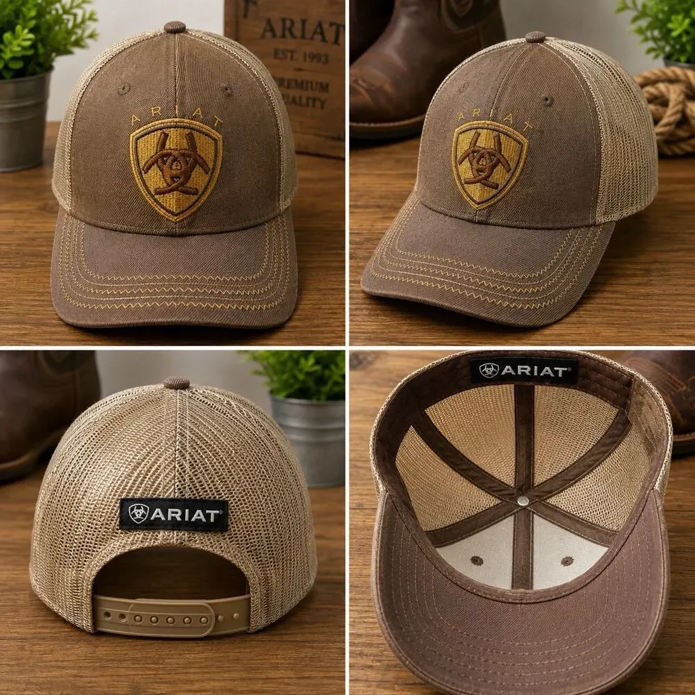 Ariat Brown Tan Mesh Trucker Hat Shield Logo Snapback Adjustable Adult Cap